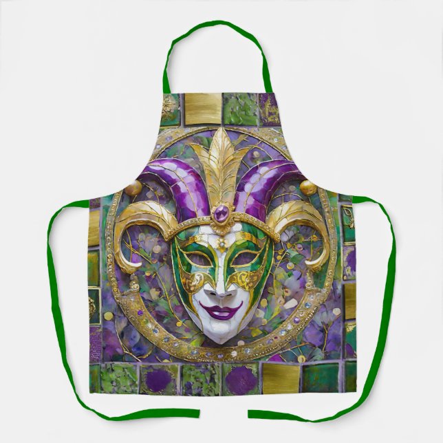 Tablier Masque de Jester Mardi Gras Violet Vert Or (Recto)