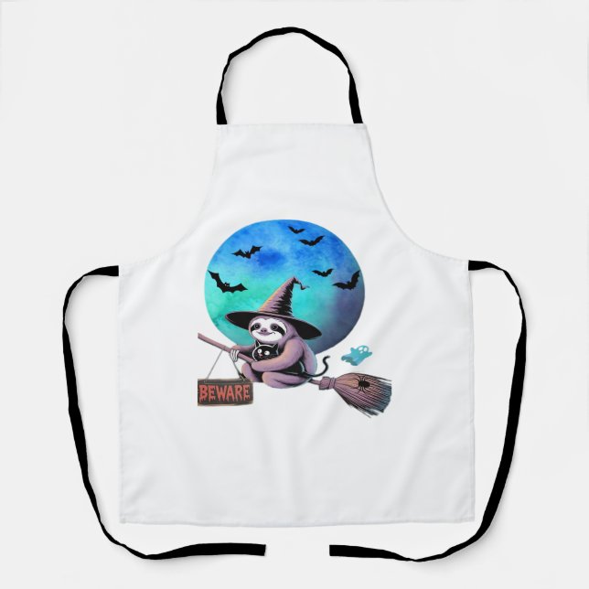 Tablier Méfiez-vous joli sorcier Sloth volant sur Broom Ha (Recto)