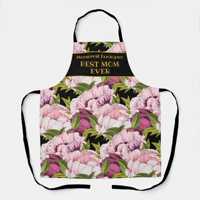 Tablier Meilleure maman jamais Black Gold Nom Pony rose Fl (Recto)