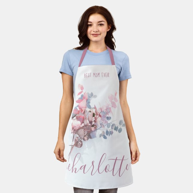 Tablier Meilleure Maman Jour Élégant Pink Floral Aquarelle (Porté)