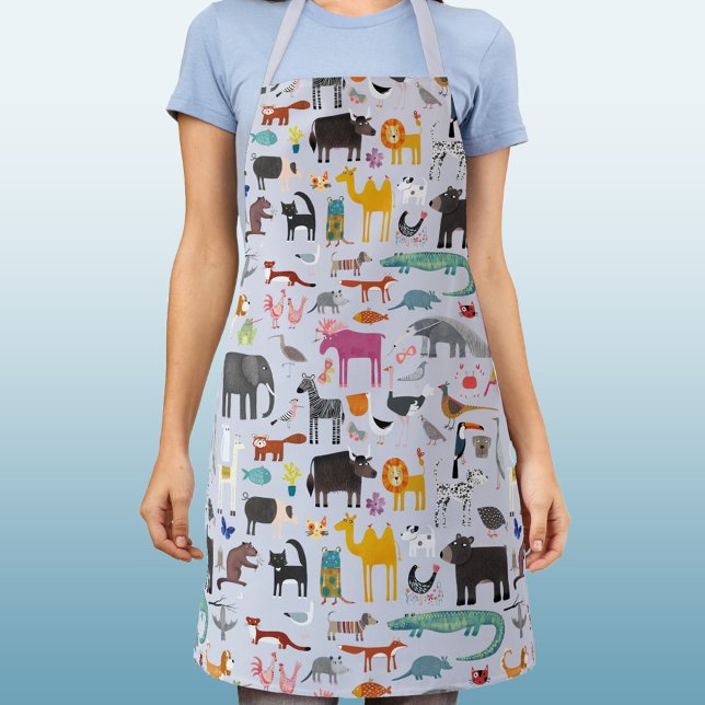 Tablier Ménagerie animale (Animal fun apron with jungle, zoo, farm and pet animals and birds)