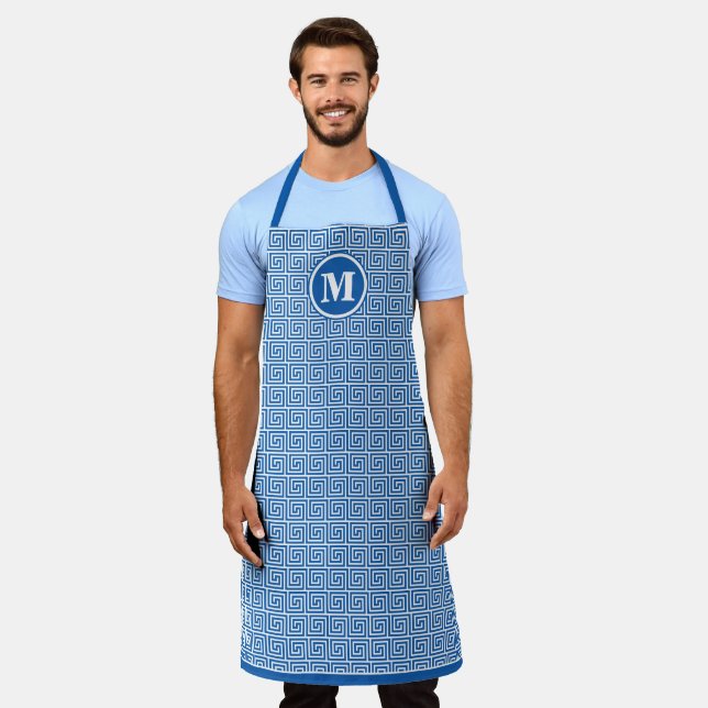 Tablier Mens Monogramme Clé grecque bleue Motif méandre (Porté)