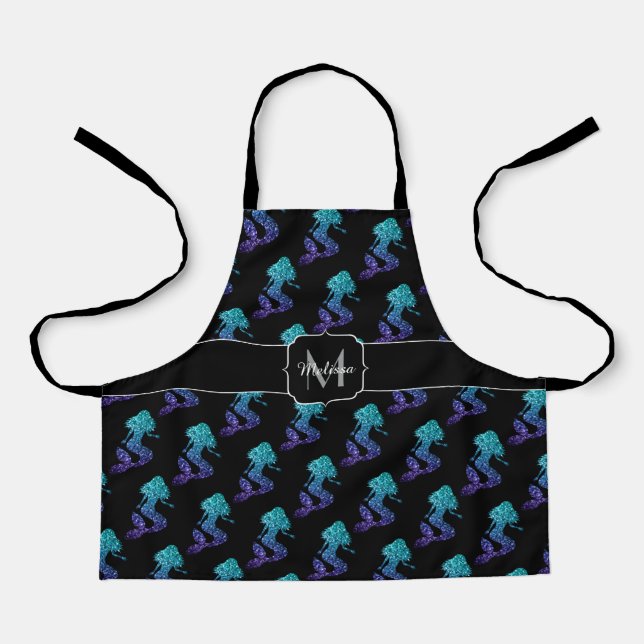 Tablier Mermaid aqua bleu ombre motif Monogramme (Recto)