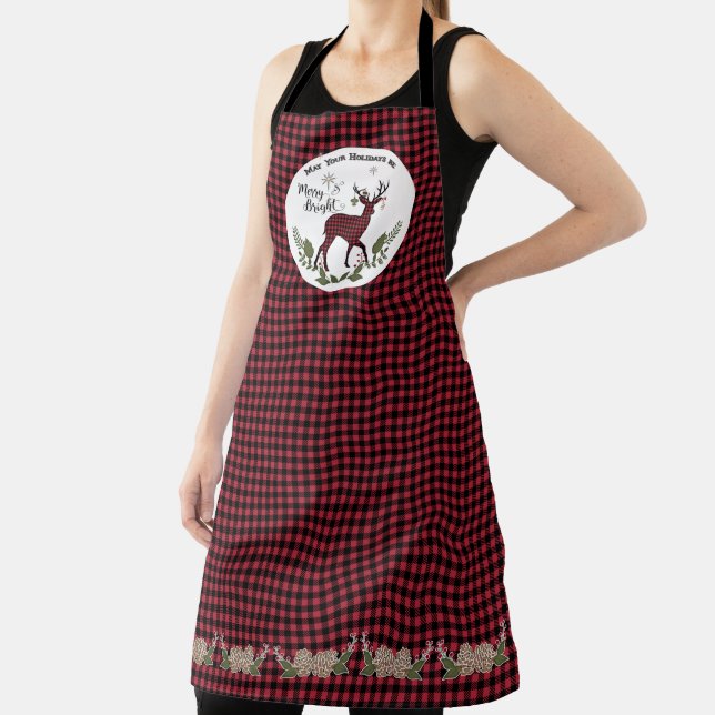 Tablier Merry Bright Christmas Deer Antlers Buffalo Check (Insitu)