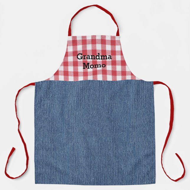 Tablier Mignonne grand-mère rouge blanc chèque bleu Denim  (Recto)