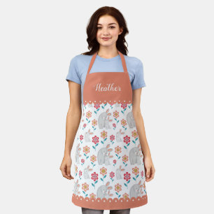 Tablier Mignonne lapin mère et fleurs de lapin corail moti