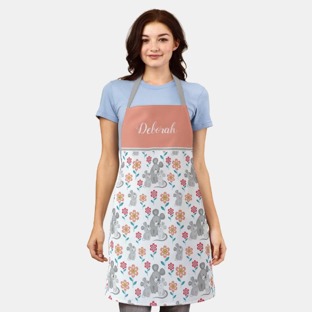 Tablier Mignonne souris mère avec bébés, fleurs motif (Porté)