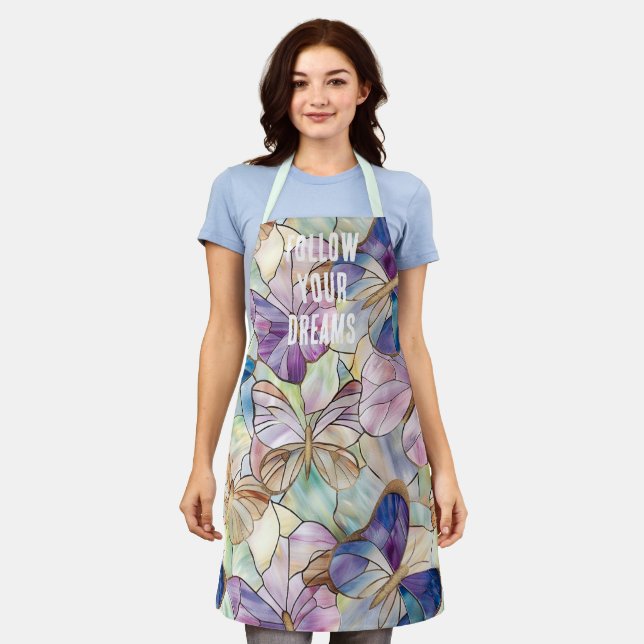 Tablier Mint Aqua Bleu Papillons pourpres (Porté)