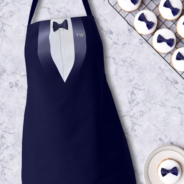 Tablier Minuit Bleu Tuxedo Bib Waiters Costume Apron (Add your initials to this midnight blue tuxedo apron and cook up delights in the kitchen)