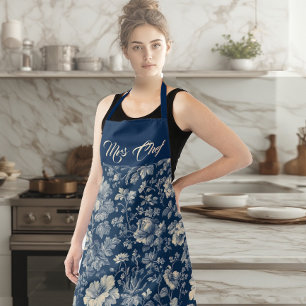 Tablier Mme Chef Typographie Indigo Toile Florale Français