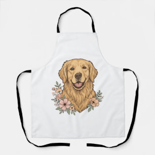 Tablier Modèle de gravure vintage floral Golden Retriever_