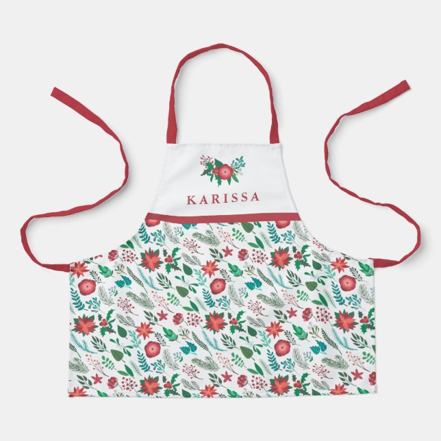 Tablier Modèle floral de Noël Jolies filles Nom Blanc (Recto)
