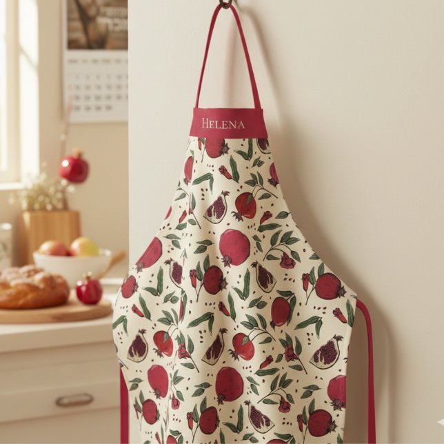 Tablier Modern Red Pomegranate Fruit Pattern (Modern Botanical Red Pomegranate Fruit Pattern Apron for Her. Elegant Pomegranates & Leaves Drawing)
