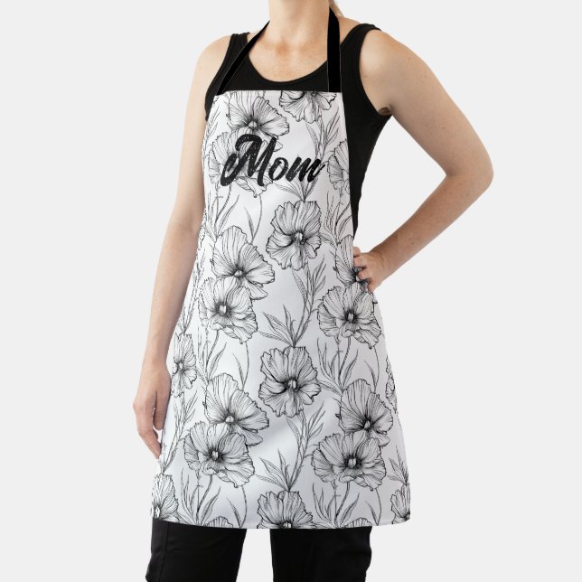 Tablier Moderne Black et blanc Floral Maman personnalisée (Insitu)