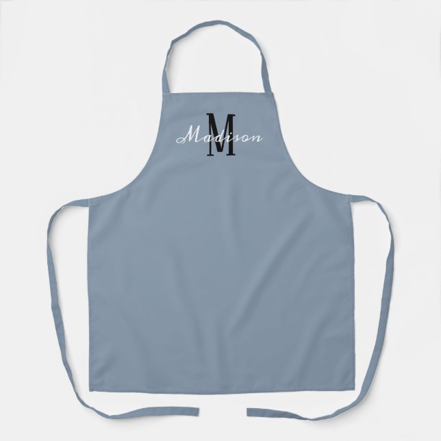 Tablier Moderne Dusty Blue Script Monogramme Nom Cuisine (Recto)