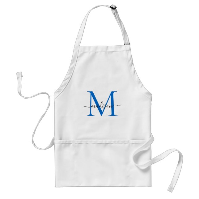 Tablier Moderne Monogram Marine Bleu Chic Script Chef Cuis (Devant)