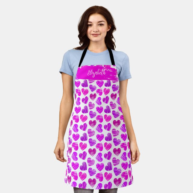 Tablier Moderne Purple Rose Doodled Hearts Valentine Nom (Porté)