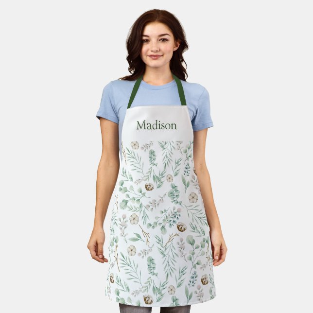 Tablier Moderne Sage Green Eucalyptus Personnalisé (Porté)