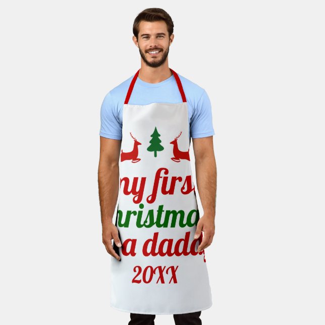 Tablier "Mon premier Noël comme papa" cerf rouge vert (Porté)