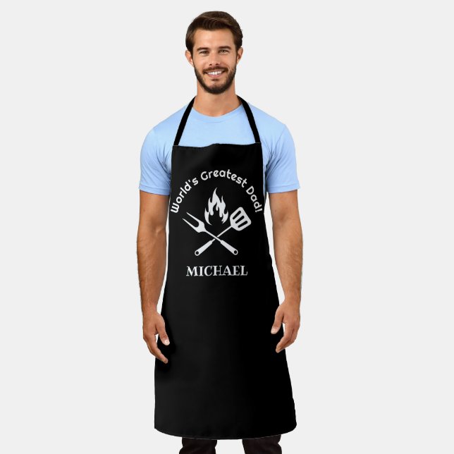 Tablier monde meilleur papa, grill personnalisé noir drôle (Porté)