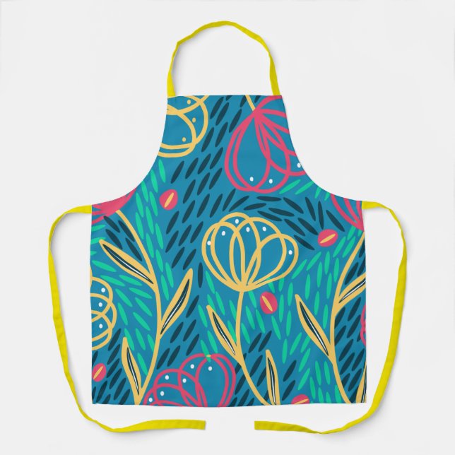 Tablier Monnaie rose florale Bleu Jaune Jardin (Recto)