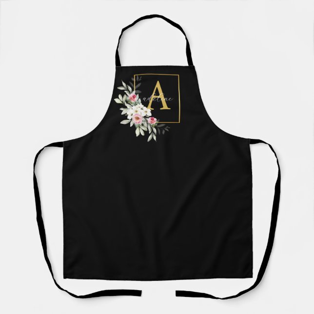 Tablier Monogram Apron Black and Gold Peony Floral (Recto)