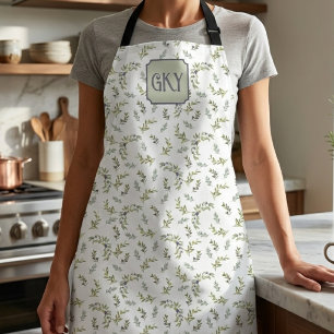 Tablier Monogramme aquarelle vert sauge motif chic olive