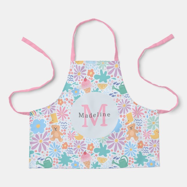 Tablier Monogramme Arc-en-ciel Rose Floral Féminin Mignon (Recto)