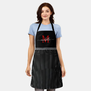 Tablier Monogramme blanc noir rayé rouge initial