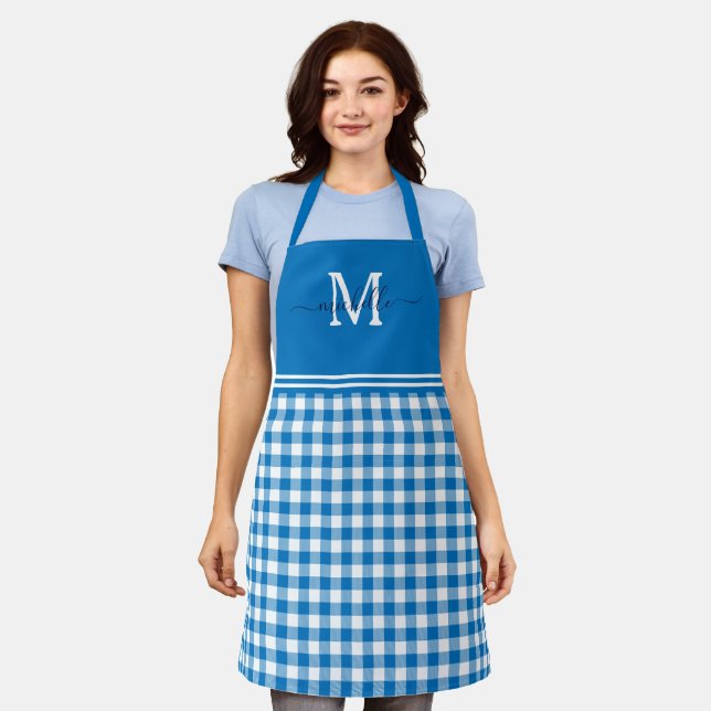 Tablier Monogramme bleu blanc En vichy Nom de la marine (Porté)