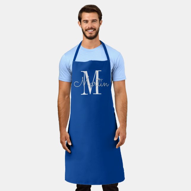 Tablier Monogramme bleu moderne Nom personnalisé Apron (Porté)