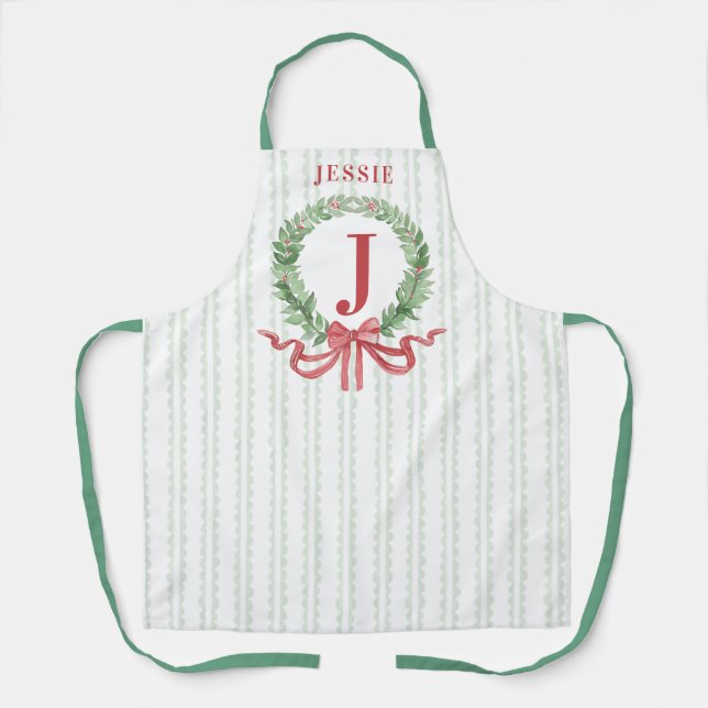 Tablier Monogramme de couronne de Noël avec nom (Recto)