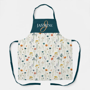 Tablier Monogramme de Fleur Sauvage Vert Orange Nom