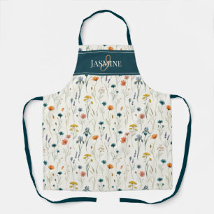 Tablier Monogramme de Fleur Sauvage Vert Orange Nom