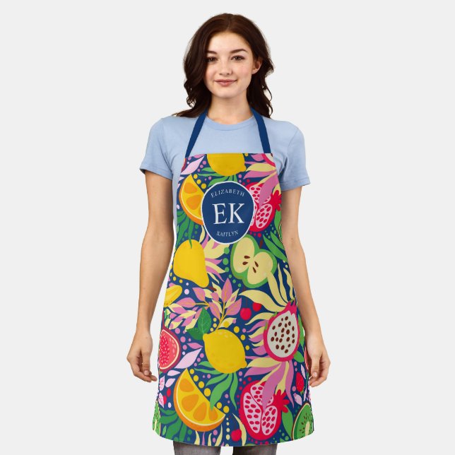 Tablier Monogramme de fruits tropicaux motif aquarelle d'é (Porté)