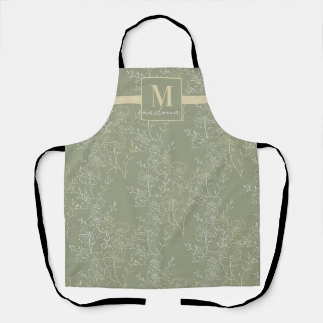 Tablier Monogramme de marguerites rustiques sur Sage Green (Recto)