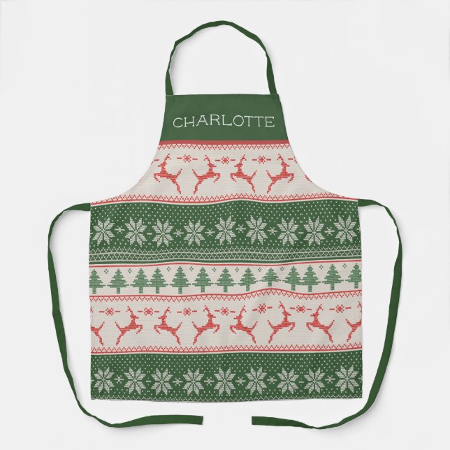 Tablier Monogramme de Motif nordique rouge et vert (Recto)