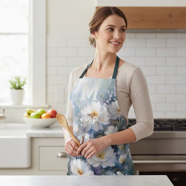 Tablier Monogramme de nom de pivoines blanches à l'aquarel (Créateur téléchargé)