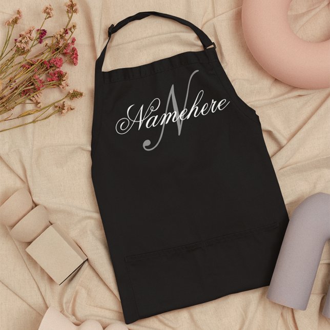 Tablier Monogramme de nom noir et blanc personnalisé uniqu (Créateur téléchargé)