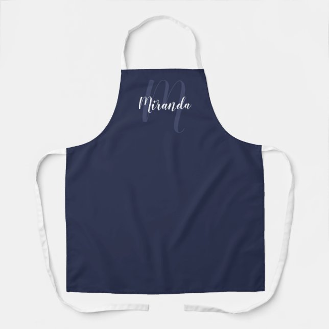 Tablier Monogramme de script personnalisé et nom Navy Blue (Recto)