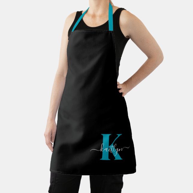 Tablier Monogramme de script sarcelle noir moderne (Insitu)