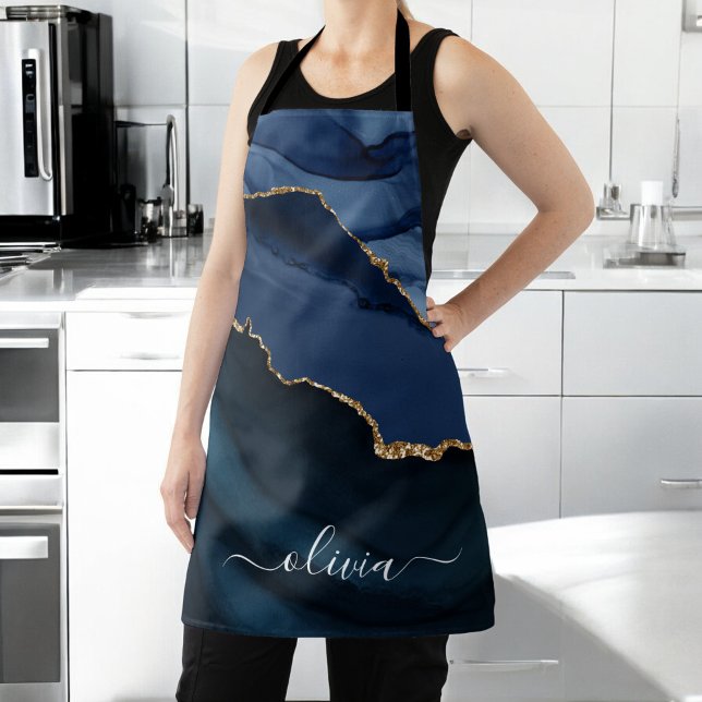 Tablier Monogramme doré géode d'agate bleu marine (Créateur téléchargé)