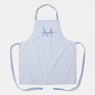 Tablier Monogramme Élégant Nom Rayure Bleue