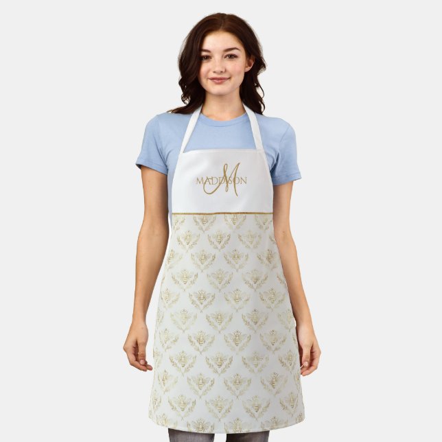 Tablier Monogramme élégant, reine d'abeille, crème et or (Porté)
