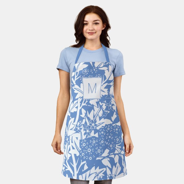 Tablier Monogramme floral bleu du bleuet de William Morris (Porté)