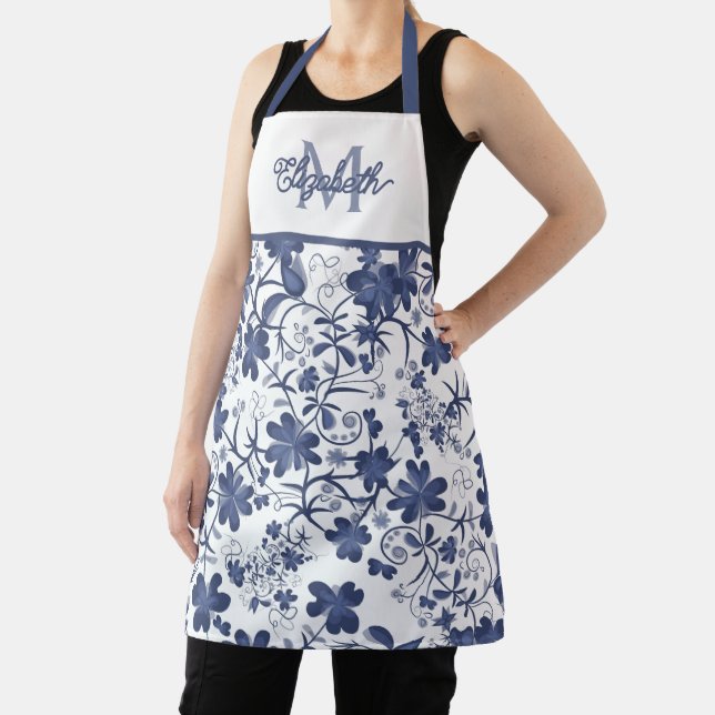 Tablier Monogramme floral bleu et gris (Insitu)