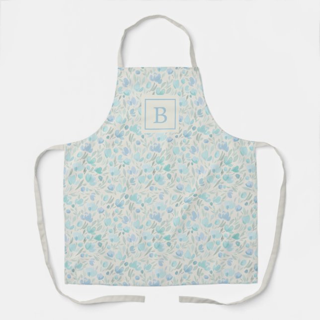 Tablier Monogramme floral bleu simple et moderne (Recto)
