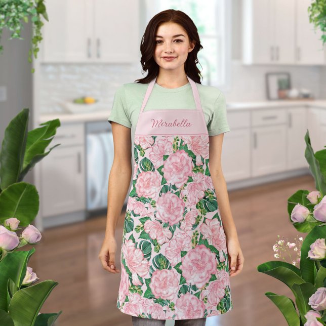 Tablier Monogramme Floral Élégant rose (Créateur téléchargé)