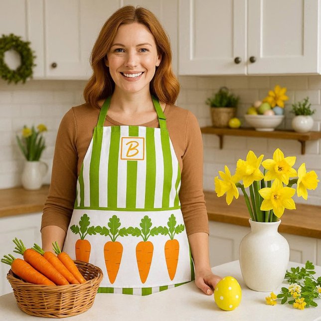Tablier Monogramme Grille verte avec carottes Garden Girl (spring carrot apron  mockup )