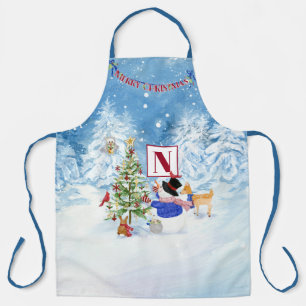 Tablier Monogramme Joyeux Noël Snowman Cardinal Deer Owl